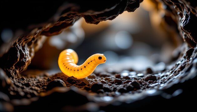 A brightly colored, segmented worm with a cheerful expression is situated within a dark, rocky crevice