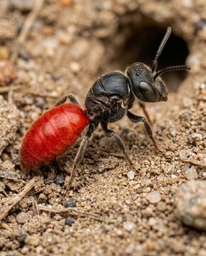 Parasitic blood bee Sphecodes with distinctive red abdomen near ground nest