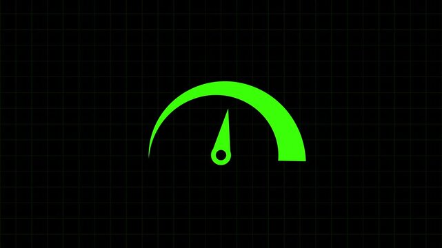 Speedometer animation with green dial gauge. Speedometer digital performance indicator. Speedometer technology interface graphic on black background.