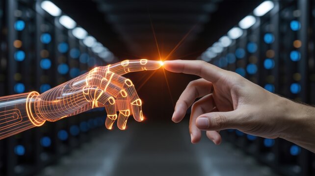 A human finger touches a glowing wireframe robotic hand to symbolize the connection between artificial intelligence and human ingenuity within a modern digital data center environment.