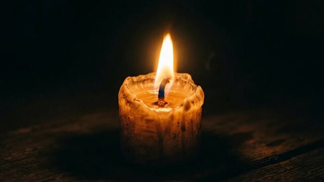 A single candle burns brightly in darkness.