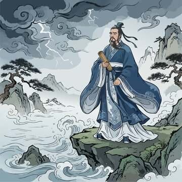 A dramatic, epic historical illustration of the ancient poet Qu Yuan standing on a rocky cliff overlooking the misty, turbulent waters of the Miluo River. 