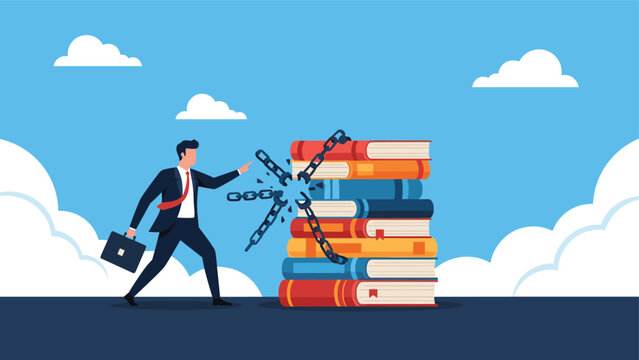 Determined man breaks heavy chains around a stack of books with his finger, representing how education provides freedom and opportunity.