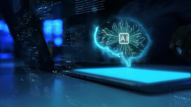 business woman uses brain AI artificial intelligence brain on big data matrix Animation Big Data Processing, Science, Generative technology, commands, prompts, learning