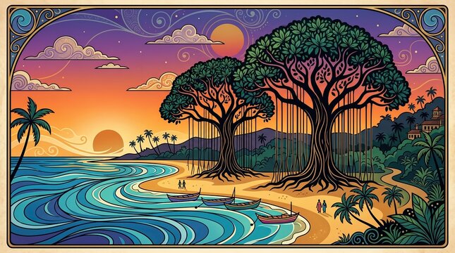 Tropical beach illustration in Art Nouveau style in warm sunset colors tranquil seaside escape [with copy space]