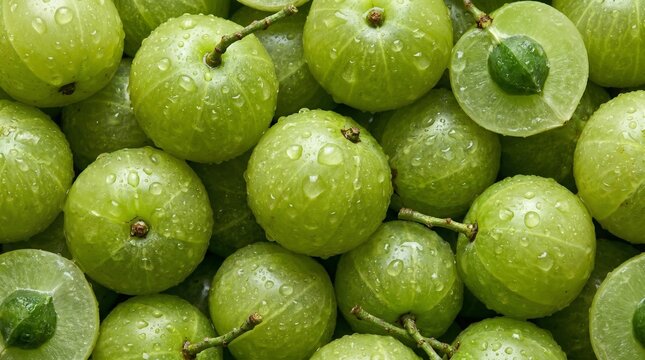 Fresh Amla Fruit Macro Background with Water Drops Close Up Texture of Organic Indian Gooseberries Rich in Vitamin C and Antioxidants