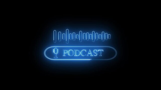 Podcast logo animation with blue neon sound. Podcast logo digital audio symbol. Podcast logo music technology graphic on black background.