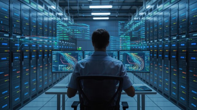 Professional system engineer monitors complex data flow and server performance metrics using advanced holographic interface screens within a secure high tech modern digital infrastructure server room