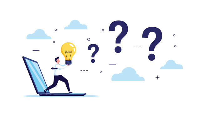 Professional businessman stepping out of a laptop screen while carrying a glowing light bulb to solve various question marks in the sky.