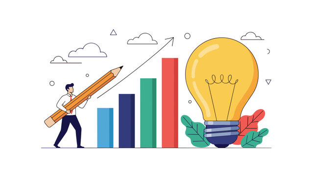 Motivated businessman carrying a giant pencil towards a rising bar chart and a glowing light bulb representing creative growth and success.