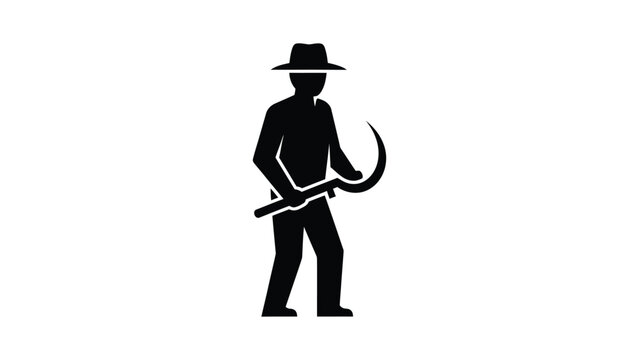 Silhouette of a farmer holding a sickle tool.