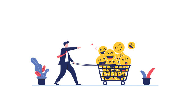 Businessman in a suit pulling a wire shopping cart filled with many yellow happy smiley faces toward a specific direction.