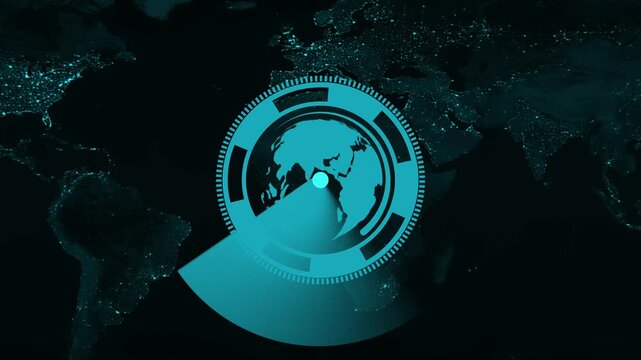 Earth map animation with digital globe radar. Earth map global tracking and navigation. Earth map technology interface graphic on black background.