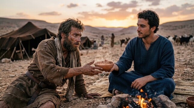 Esau trading his birthright to his brother Jacob for a bowl of soup.