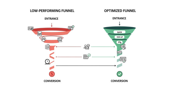 Sales funnel optimization, conversion rate improvement, business process, marketing strategy, vector illustration