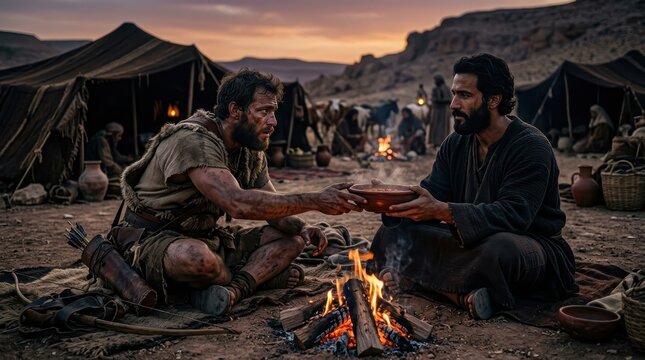 Esau trading his birthright to his brother Jacob for a bowl of soup.