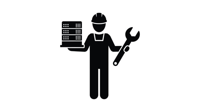 Icon of a server technician holding a wrench and server rack.