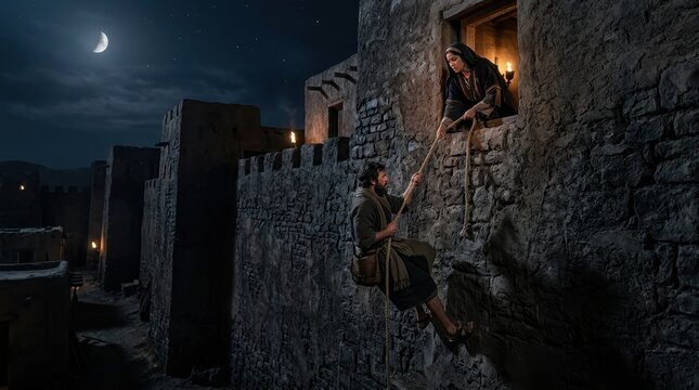 Rahab secretly lowering two Israelite spies by rope through the window, Bible story.