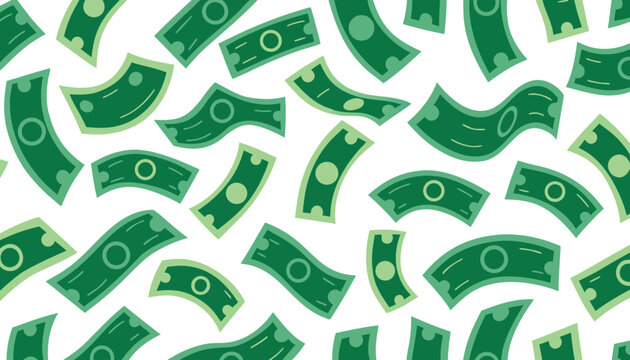 Falling money pattern with green cartoon dollar bills on white background