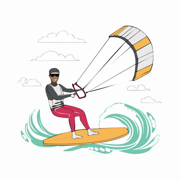 Kitesurfer riding a wave