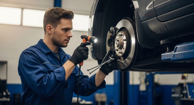 Skilled Mechanic Inspecting Car Brake System With Flashlight in Automotive Workshop