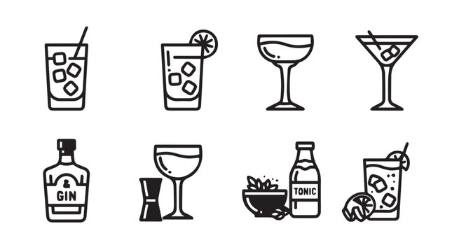 Cocktail Icons With Gin And Tonic Elements For Bar Menus