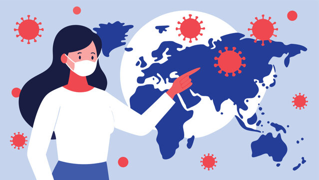 Woman wearing medical mask pointing at world map showing viral infection spread