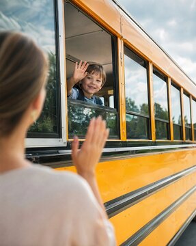 Child waving from school bus while woman waves goodbye outdoors  