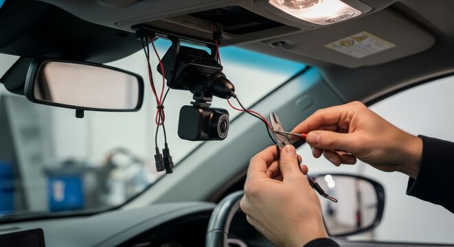 Skilled mechanic carefully wiring a dashcam inside a car interior, focusing on electrical connections and security system installation.