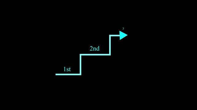 Arrow icon animation showing 1st to 2nd. Arrow icon cyan digital progression. Arrow icon business ranking graphic on black background.