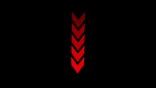 Chevron arrows animation with red neon light. Chevron arrows digital direction pointing down. Chevron arrows technology interface graphic on black.