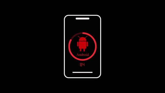 Smartphone animation with robot logo. Smartphone digital assistant loading status. Smartphone technology interface graphic on black background.