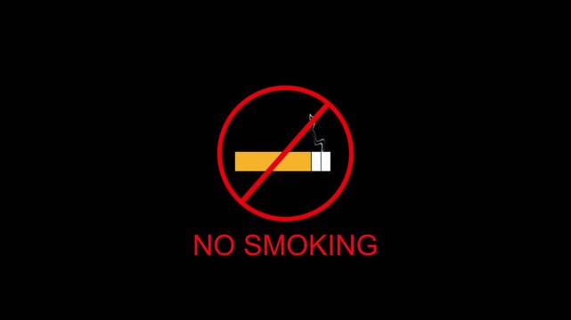 No smoking sign animation with warning text. No smoking prohibition symbol and cigarette. No smoking digital warning graphic on black background.