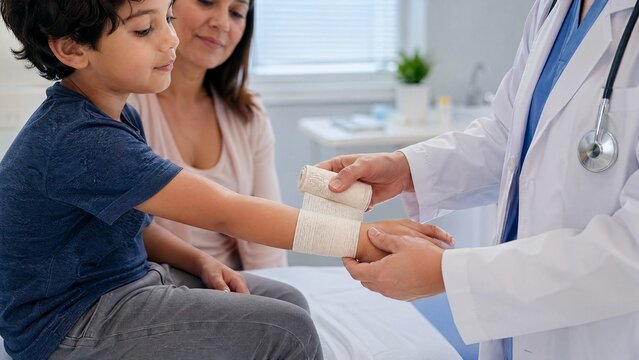 Young boy receiving bandage from doctor while mother looks on  