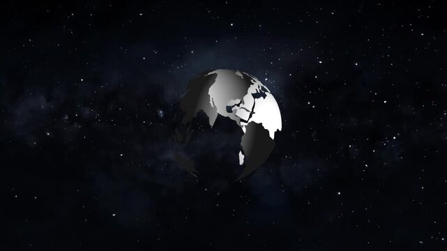 Earth globe animation in starry space. Earth globe global planetary visualization. Earth globe international communication graphic on black background.