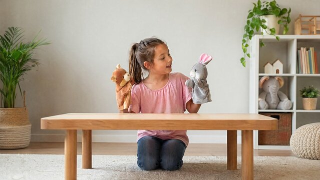Young girl playing with puppet toys while sitting at a table indoors  