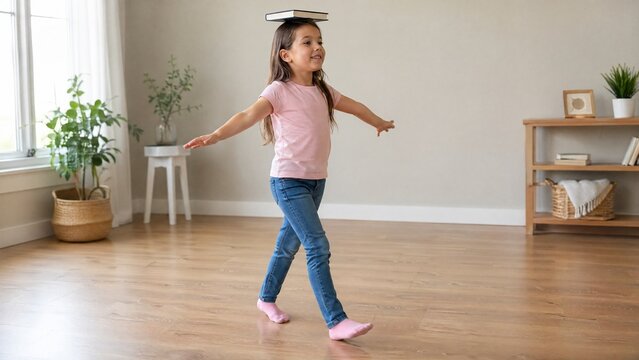 Young girl walking gracefully with a book on her head indoors  