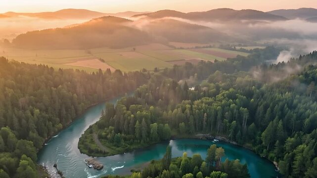 Aerial view sunrise above misty pine forest valley, golden fog over mountains, peaceful countryside fields, cinematic morning atmosphere, 4K video
