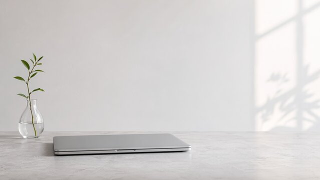 Minimal laptop on stylish desk with plant in modern workspace  