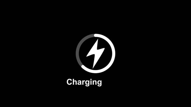Charging icon animation with lightning bolt. Charging icon digital progress ring. Charging icon power technology graphic on black background.