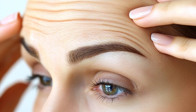 Mature lady examining her forehead for aging lines, highlighting minimal makeup and natural beauty.