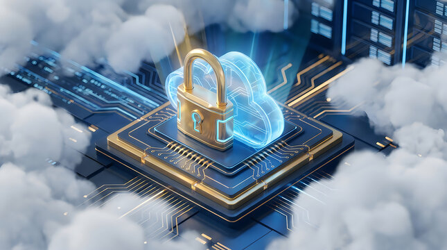 Padlock on a cloud icon over a computer processor chip