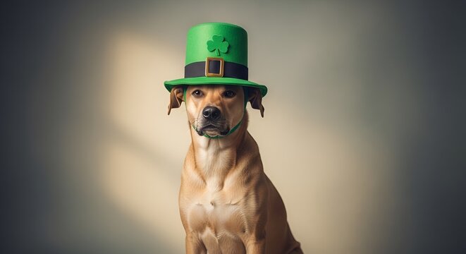 Cute Dog Wearing Green St. Patrick's Day Hat with Shamrock