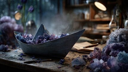 Obraz premium Mysterious Paper Boat Filled With Flowers on Vintage Artist Desk. Generative AI