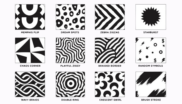 Collection of 12 abstract black and white patterns with titles