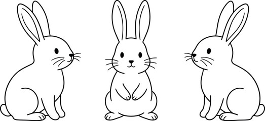 Cute Easter Bunny Rabbit Character Set with Front and Side Views in Line Art Style for Holiday Greetings Decorations Stickers and Childrens Creative Projects © RAJU