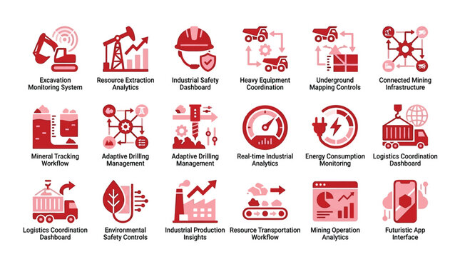 Collection of modern flat icons representing various aspects of the mining industry and its technological advancements.