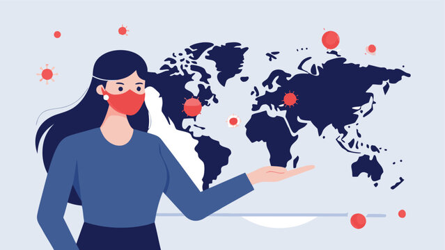Woman wearing face mask showing world map with virus spread