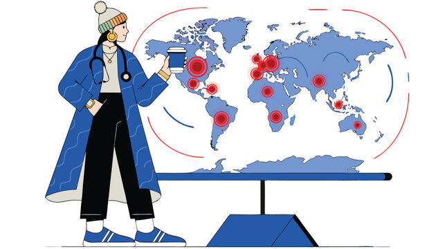 Modern epidemiologist analyzing world map for disease hotspots with coffee