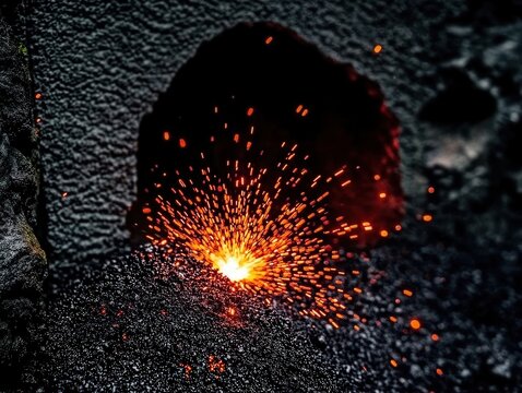 Glowing molten metal pool during arc welding creates vibrant sparks in a workshop setting at night